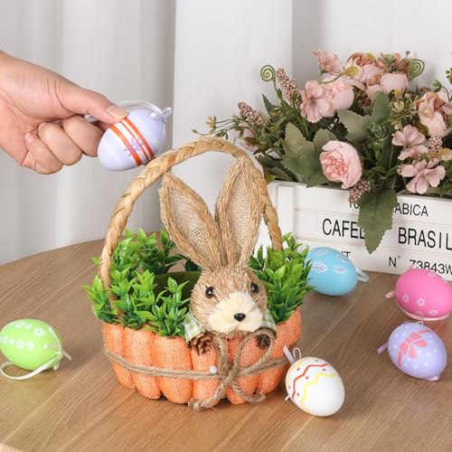 Easter Basket Decoration with Handle, Handmade Straw Bunnies, 12 Hanging Easter Eggs,Carrot Baskets for Easter Egg Candy Storage, Spring and Easter Home Table Decor, Mantle Centerpiece