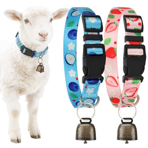 2 Pack Goat Collars with Bells，Fruit Adjustable Nylon Set | Sheep Grazing Copper Bells & Adjustable Nylon Collar for Small Farm Animal Sheep Calf Cow Accessories(13.7"-20.5") - color: Pink Printing + Blue Printing