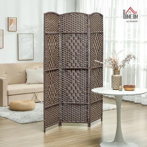 HOMCOM 3 Panel Room Divider 6 Ft Privacy Screen Hand-Woven Brown | Folding PP Wall Partition, Pine Wood Frame, Freestanding Room Separator, Bedroom Home Office, No Assembly - color: Brown, size: 3 Panel
