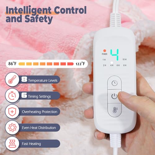 Wearable Heated Blanket with Foot Pocket, Electric Wearable Throw Blanket with Sleeves, Hood, Portable Heated Blanket with 8 Heat Settings, 1-10 Hours Auto Shut-off, Gift for Family, Friends, 50*70" - color: Pink