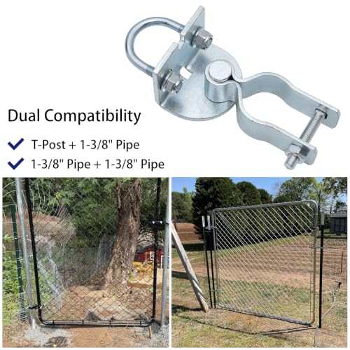 2 Pack T-Post Gate Hinge Kit, Fits T-Post & 1-3/8" Pipe, Heavy-Duty Steel | Dual mount: T-Post + Pipe or Pipe + Pipe. 5/8" pin, 200° swing, powder-coated steel. For farm, chain link, wood fences.