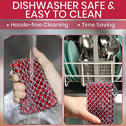 316L Cast Iron Scrubber Kit + Pan Scraper, Silicone Sponge, Dishwasher Safe | Cast Iron Chainmail Scrubber - Skillet Cleaner Scrubber - Cast Pan Scrubber Cleaner - Chainmail Chain Scrubber - style: Red CIS with Scraper