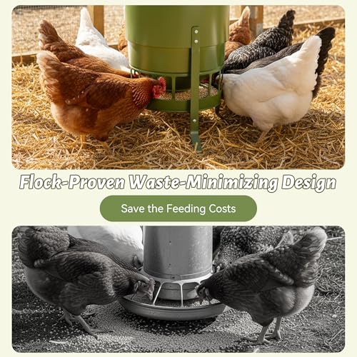KOL Chicken Feeder No Waste for Coop & Outdoors, 16 Port 50lbs Poultry Feeder with Spill-Control Design, Rust-Proof Powder Coated Metal & Smooth Safe Edges (Avocado Green) - color: Avocado Green