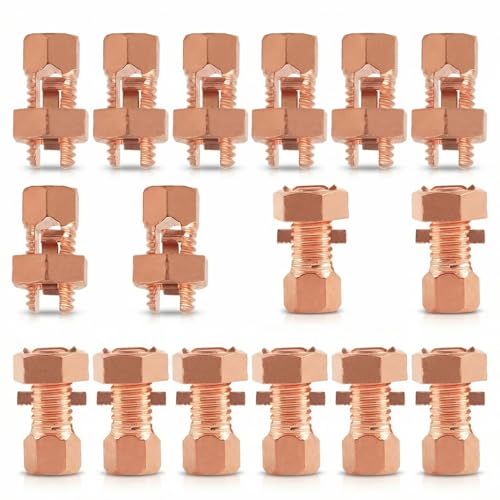 Split Bolt Connectors 16-Pack, Copper Grounding Clamps for 4-8 AWG Wire, Solid Brass Core & Pure Copper Shell for Electric Fence, Solar Panel, Grounding Applications (TJ16)