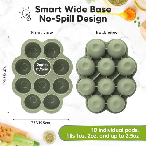 KeaBabies Silicone Food Freezer Trays with Lid, 2oz x 10 Pods (Sage) | Baby Food Storage Containers, Easy Puree Meal Prep, Breast Milk Silicone Freezer Molds, Dishwasher, Microwave Safe, BPA-Free - color: Sage