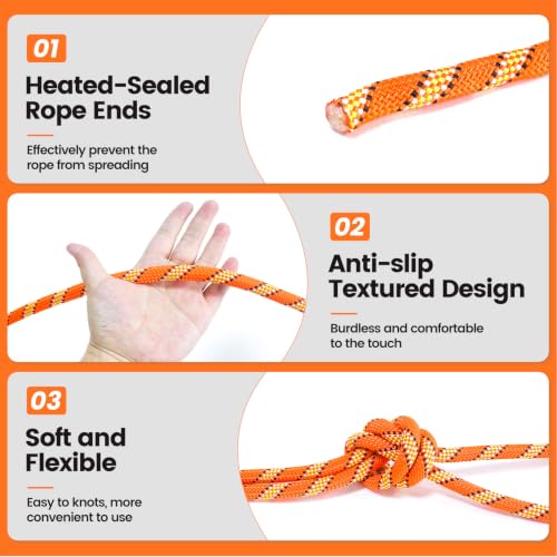 RIOOP Double Braid Polyester Rope, 1/2 in x 100 ft Heavy Duty Bull Rope | 48 Strands, 5290lbs Breaking Strength, for Tree Work, Camping, Hiking, Swing, Sailing and Indoor Outdoor Use, Orange - size: 1/2in x 100ft, style: Orange