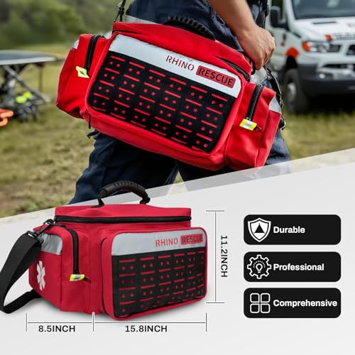 RHINO RESCUE First Responder First Aid Kit Fully-Stocked EMT Bag (Red, 20L) | Professional EMT/EMS Trauma Medical Kit, Molle System & Reflective Stripe, 300+ First Aid Supplies, Suits for Business, Home - color: Red