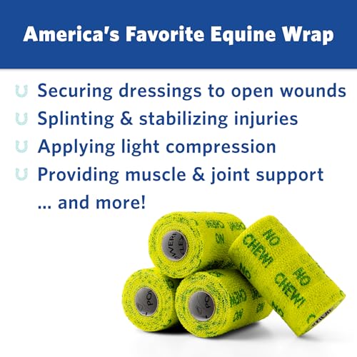 OVIK Health PowerFlex Equine – Extra Strong Self-Adhering Bandage Wrap – Wound Care, Compression & Support Bandage for Horses, Cows & Dogs – No Chew, 4 inch, 4 Rolls (Resealable Case) - color: No Chew
