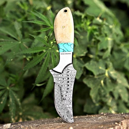 Custom Handmade 7'' fixed blade hoof rasp knife Cow boy knife Turquoise Handle Damascus steel Bull cutter, cowboy knives with pancake leather sheath (BONE) - color: BONE