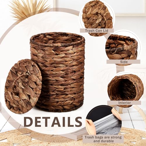 Ctosree 2 Pcs Wicker Trash Can Basket Woven Waste Basket with Lid Bathroom Wastebasket Garbage Bin with 100 Pieces of Trash Bags for Bedroom Farmhouse Home Office Kitchen(Deep Coffee, Small) - color: Deep Coffee,, size: Small