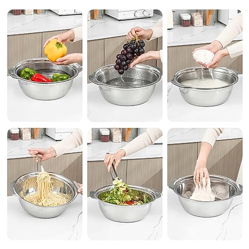 Paoli 304 Stainless Steel Fine Mesh Colander Set, 2QT Large Capacity Strainer with Mixing Bowl — Rinse Fruits, Veggies, Rice & Drain Pasta, Dishwasher Safe (2-Piece) - color: Primary color with handle, size: 2qt