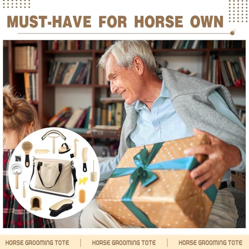 Abbylike 15 Pieces Horse Grooming Kit with Organizer Tote Bag Tack Room Supplies Horse Brush Sets Care Equine Cleaning Kit Shedding Grooming Massaging Tools (Beige) - color: Beige