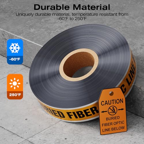 1000 Feet Caution Buried Fiber Optic Line Below Orange/Black Print Safety Tape with Above-Ground Caution Tag, 2 Inch x Foot 5 Mil, Detectable 2-Inch - style: Caution Buried Fiber Optic Line