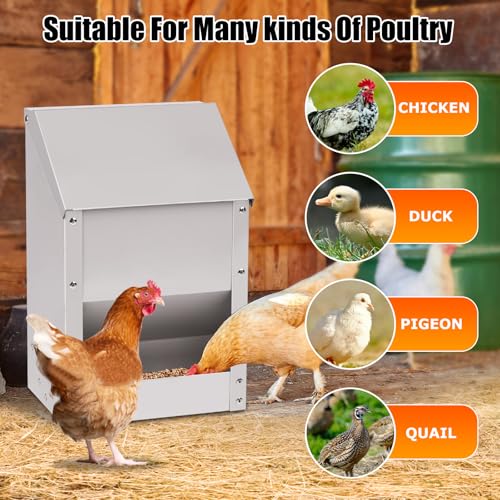 Automatic Chicken Feeder 10lb Hanging Feeder Trough with Scoop | Galvanized Metal Gravity Chicken Feeder, Duck Feeder, Chicken Feeder Trough with Lid for Chickens Ducks Goose Poultry