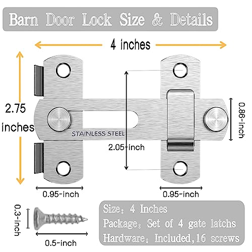 Barn Door Latch, 4 Pack 4-Inch Stainless Steel Gate Latches, Flip Door Latches Hardware, Sliding Lock Gate Latch for Outdoor Fence Barn Door Cabinet Window Closet Bifold Door Latch Locks Silver - color: Silver