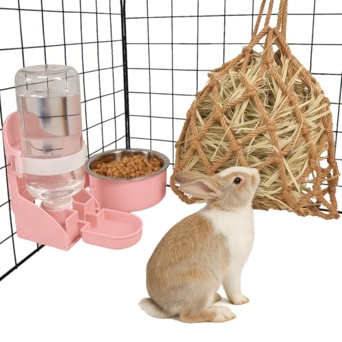 Rabbit Water Bottle Ferret Food Bowl Bunny Water Dispenser Stainless Steel Food Dish Hanging Drinking Fountain Drinker Feeder Crate Bowl for Guinea Pig Chinchilla Hedgehog - color: Pink