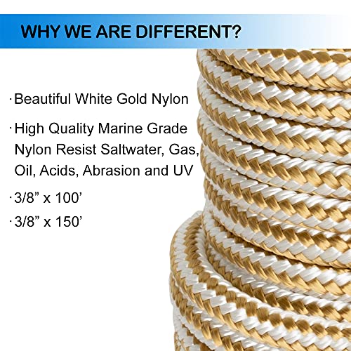 MARINE SYSTEM Made 3/8 Inch 100FT 150FT Gold/White Nylon Anchor Line Double Braided Anchor Rope/Line with Thimble (3/8" x 100') - color: 3/8"x100' Gold/White