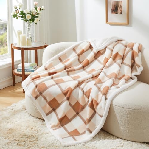 PU MEI Super Soft Faux Rabbit Fur Sherpa Fleece Throw Blanket, Reversible Luxury Cozy Cute Furry Blanket, Plush Warm Shaggy Fluffy Checkered Blankets for Sofa Couch Bed (Beige-Plaid, 60" x 80") - color: Beige-plaid, size: 60"*80"