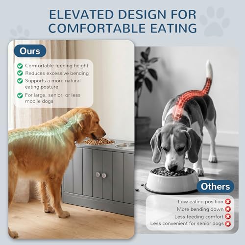 PawHut Large Elevated Dog Bowls with Storage Cabinet 44L Capacity Gray | Raised Dog Bowl Stand, Pet Feeding Station - color: Gray