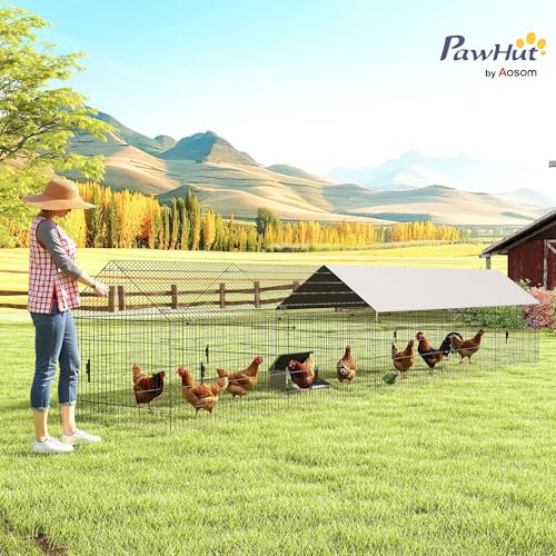 PawHut Metal Chicken Coop, Large Chicken Run with Water-Resistant & Anti-UV Cover for 7-9 Hens, Outdoor Hen House Rabbit Hutch with 10 Doors for Duck, Small Animal, for Backyard, 21' x 3.5' x 3.6' | Large Chicken Run, Water-Resistant, Outdoor Hen House Ra