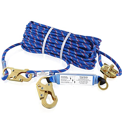 100FT Vertical Lifeline Assembly Fall Protection Rope | With Two Rope Grab Snap Hooks, Shock Absorber，Safety Climbing Equipment Roofing Safety Kit, CE ANSI - size: 100FT