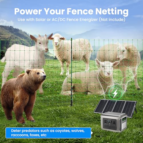 Electric Fence Netting, 42.5" H x 164'L, for Livestock, Cattle, Sheep, Goat | Electric Netting Fence, Pre-Assembled, 14 Posts Double Spiked, Portable Livestock Nets Used in Backyards, Farms and Ranches