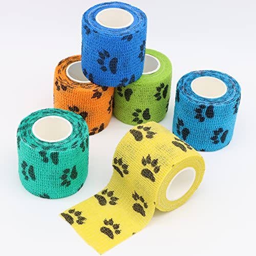 Self Adhesive Bandage Wrap Animal Cohesive Bandage Self Adherent Wrap First Aid Tape for Dogs Cats Horses Birds & Wrist Healing Ankle Sprain (2 Inch Mixed Cat Paw 6 Rolls) - color: 2 Inch Mixed Cat Paw 6 Rolls