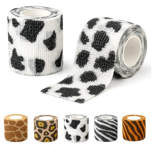 Premium Pet Vet Wrap — Non-Stick to Fur Self Adherent Bandage Wrap for Dogs, Cats & Horses, Breathable Cohesive Tape for Wounds, Paws & Legs, Animal Print Design - Pack of 2 - color: Cow Print