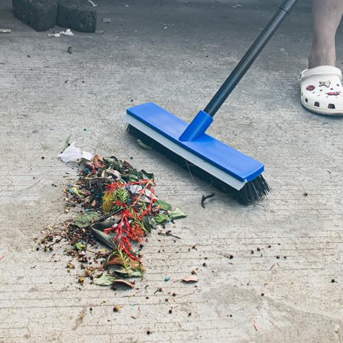 16 Inch 2-in-1 Squeegee Push Broom Outdoor Deck Brush 58" Long Handle for Patio Garage Warehouse Driveway Concrete Floor Cleaning Scrubbing(Blue)