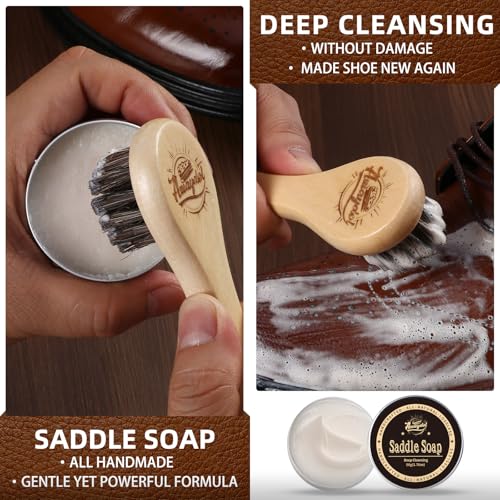 11 PCS Leather Care Kit - Horsehair Brushes,Saddle Soap,Waterproofing Wax,Mink Oil Conditioner,Polishing Cloth,Microfiber cloth,Boot Shoe Shine Cleaning Kit Gift for Men Cowboy Husband Dad ﻿