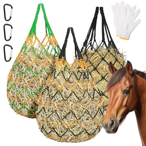 Slow Feed Hay Nets 3 Pack 40-Inch Durable Mesh Hay Bags Feeder for Horses | Heavy Duty Mesh Hanging Feeders with Carabiners & Gloves for Goat Livestock Barn Trailer Pasture Feeding Supplies Accessory - size: 3 Pack