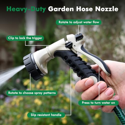 RESTMO Garden Hose Nozzle, Heavy Duty Metal Water Hose Nozzle for Outdoor | Hose Sprayer Nozzle with 7 Adjustable Spray Patterns, Leak Proof Nozzle Ideal for Watering Plants and Lawn, Pet Showering - size: 7 Spray Patterns-Rear-Press Lever Control