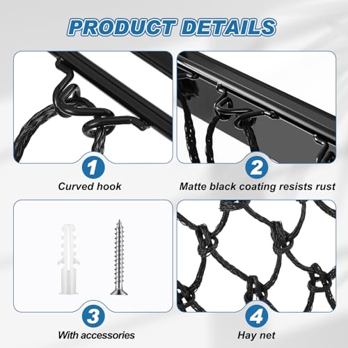 Yaocom 2 Set Black Wall Mount Hay Feeder for Horses Goats Heavy Duty Hay Rack with Net Slow Feeder Wall Mounted for Stall Barn, Easy to Install and Save Hays (Square) - color: Black