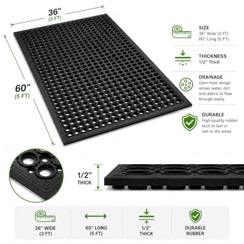 UNIMAT-Anti-Fatigue Outdoor Rubber Drainage with Non-Slip Backing Heavy Duty Mat for Restaurant Industrial Use-3'x 5' Black Mat-Ideal Bar Accessory | Non-Slip Backing, Heavy Duty, Restaurant Industrial Use, Ideal Bar Accessory