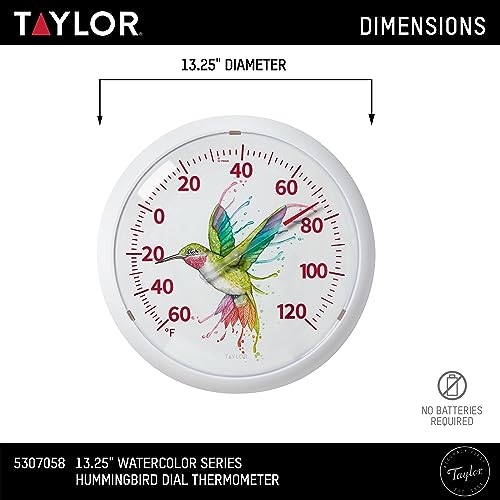 Taylor Watercolor Series Rainbow Hummingbird Indoor Outdoor Dial Thermometer, Home Decor for Patio, Pool, or Garage, 13.25inch, White Bezel - style: Hummingbird