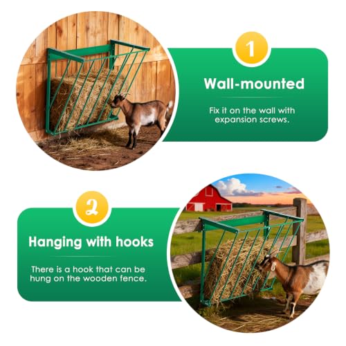 Metal Livestock Hay Feeder, Goat Hay Rack, Wall Mountable&Hangable | Galvanized Goat Hay Feeder with Adjustable Distance Hooks, for Goats, Sheep, Horses, Cattle, Deer, Indoor and Outdoor Use