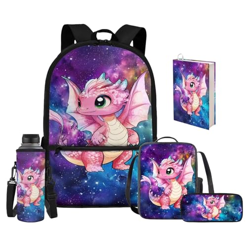 Upetstory Galaxy Dragon Backpack for Girls Boys Kids School Bag Set with Lunch Box Pencil Case Teen Schoolbag Elementary Kindergarten Preschool Bookbag Water Bottle Sleeve Book Cover 5 in 1 - color: Dragon