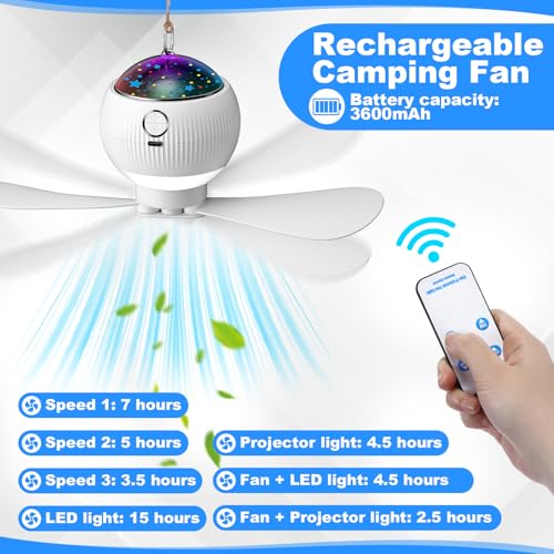 1 Set Solar Powered Ceiling Fan with Light for Camping Rechargeable 10'' Small USB Portable Hanging Fan with Star Projection 10w Solar Panel, 3 Speeds for Tent Rv Bed Gazebo Greenhouse