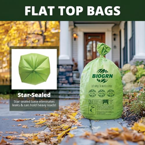 60-64 Gallon Compostable Trash Bags, 12 Count, 2 Mil Heavy Duty Flat Top Large Trash Bags, 243L Lawn & Yard Waste Bags for Outdoor Garden Cleanup, ASTM D6400 BPI & OK Compost HOME Certified - color: 64 Gallon Flat Top, 12 Count