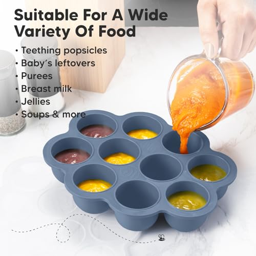 KeaBabies Silicone Food Freezer Trays with Lid, 2oz x 10 Pods (Slate) | Baby Food Storage Containers, Easy Puree Meal Prep, Breast Milk Silicone Freezer Molds, Dishwasher, Microwave Safe, BPA-Free - color: Slate