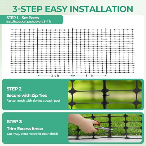 Ohuhu 3.4'x100' Plastic Garden Fence Safety Fence with 16MM Thicker Stakes | Reusable HDPE Garden Fence Roll with 25Pcs 4FT Stakes, Temporary Fence for Animal Barrier Construction Snow Fence Poultry Dog