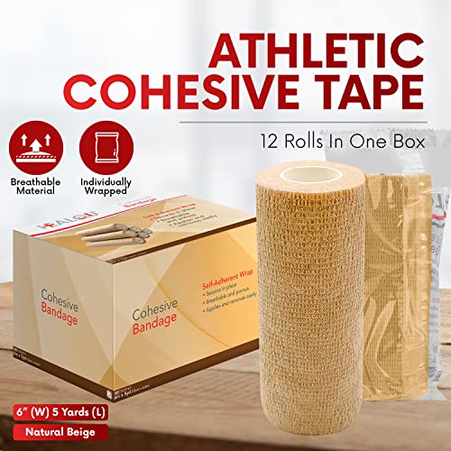 HEALQU Self Adhesive Bandage Wrap – Cohesive Tape for Athletic & Sports - 6” x 5 Yards Self Adherent Medical Tape, Flexible, Waterproof Elastic Bandages for Wrist & Ankle Vet Wrap for Dogs (12 Rolls) - size: 6 Inch Box of 12