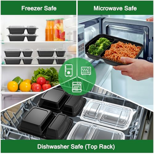 Dealusy 50 Pack 28 oz Meal Prep Containers with Lids 2-Compartment, Black | Sturdy Leakproof & Food Safe, Microwave, Freezer, Dishwasher Safe Prep Containers, To Go Take Out Plastic Food Storage - color: Black