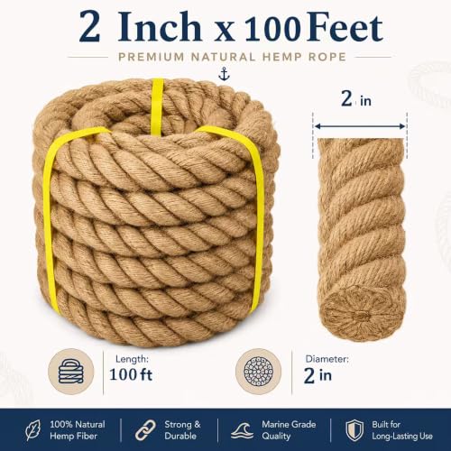 Natural Hemp Rope - 2 Inch x 100 Feet - Heavy Duty Jute Rope Manila Ropes for Docks, Nautical, Railings, Tug of War, Decorating - size: 2 in×100 ft