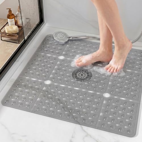HITSLAM Square Shower Mat 27x27 Inch, Extra Large Non Slip Shower Mats for Inside Shower Stall, Anti Slip Bath Floor Mat with Strong Suction Cups & Drain Holes, Machine Washable, Grey - color: Grey