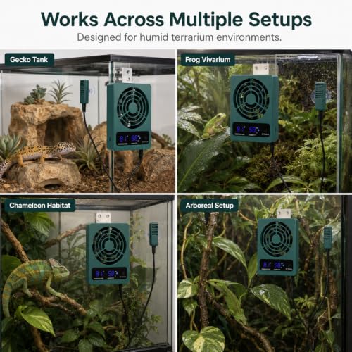 Reptile Ventilation Fan, Auto Temperature/Thermometer Control LED Digital Humidity Gauge, °C/°F Switchable Dehumidifier for Reptile Tank, Rainforest, Ecological Pet Rearing Box - size: Dual Function