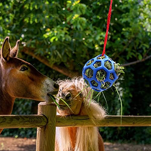 Horse Hay Feeder Ball with Rope, Durable Plastic Slow Feeding Ball for Horses, Equine Chew & Foraging Enrichment, Ideal for Hens Coop Goose Duck Large Birds (Blue)