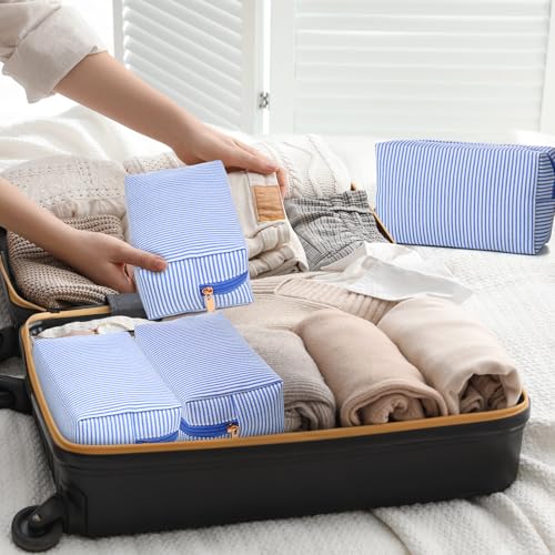 Sanwuta 20 Pcs Seersucker Cosmetic Bags Bulk, Striped Zippered,Blue | Makeup Bags Women Pouch, Large Preppy Storage Toiletry Travel Pouch for Wedding Bridesmaid Bride Favor Back to Teacher Gift - color: Blue
