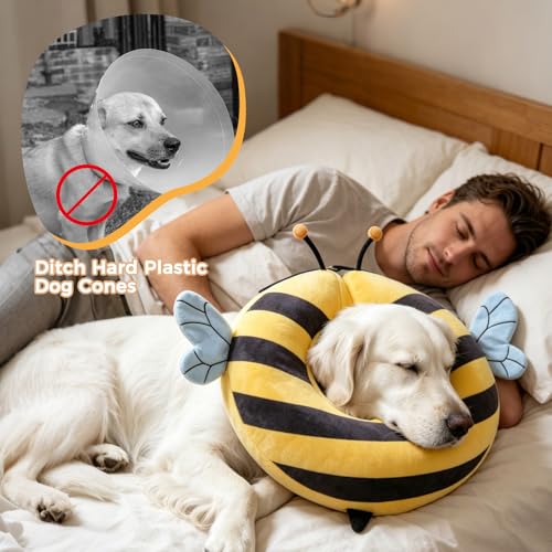 PAWCHIE Inflatable Dog Cone Collar Alternative, Soft Dog Cone for Medium to Large Dogs After Surgery, Adjustable Neck Recovery E-Collars Donut Collar with Cute Bee Shape, Yellow L - color: Yellow, size: L(Neck:16"-18")