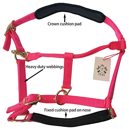T TEKE Adjustable Horse Halters by Heavy Duty Soft Nylon, Padded with Anti-rubbing Waffle Neoprene on Both Crown & Nose - color: Pink, size: XS Pony